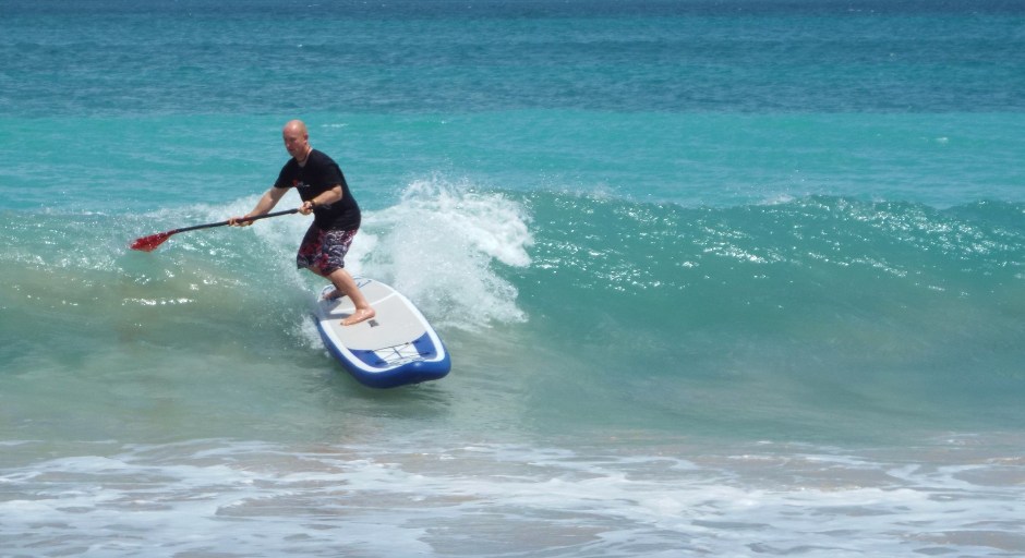 Tez Plavenieks stand up paddle surfing Grenada, Grand Anse beach